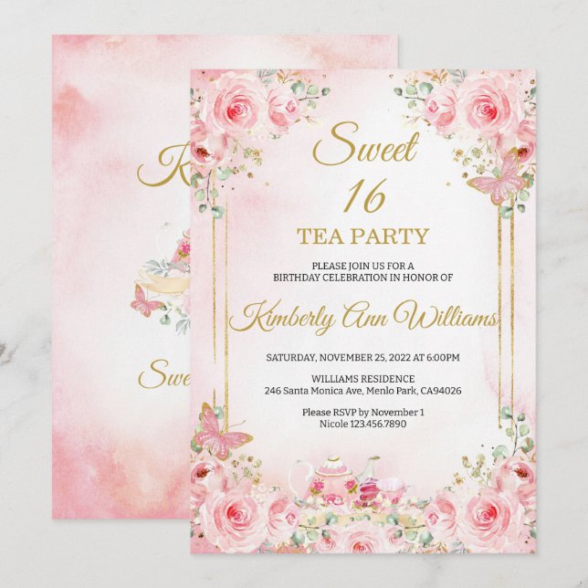 Invitation Fleurs de cerise Rose Beurre d'or doux 16 (Devant / Derrière)