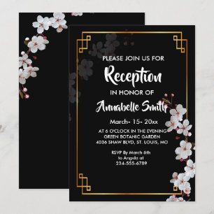 Invitation Fleurs de cerisier blanc et réception à cadre doré