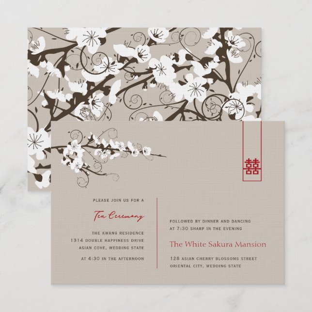 Invitation Fleurs de cerisier blanc Réception de mariage asia (Devant / Derrière)