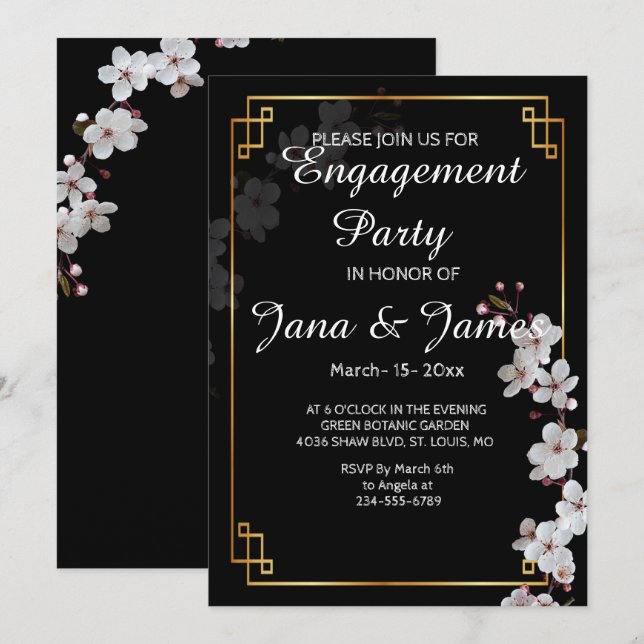 Invitation fleurs de cerisier blanches et cadre doré Engageme (Devant / Derrière)