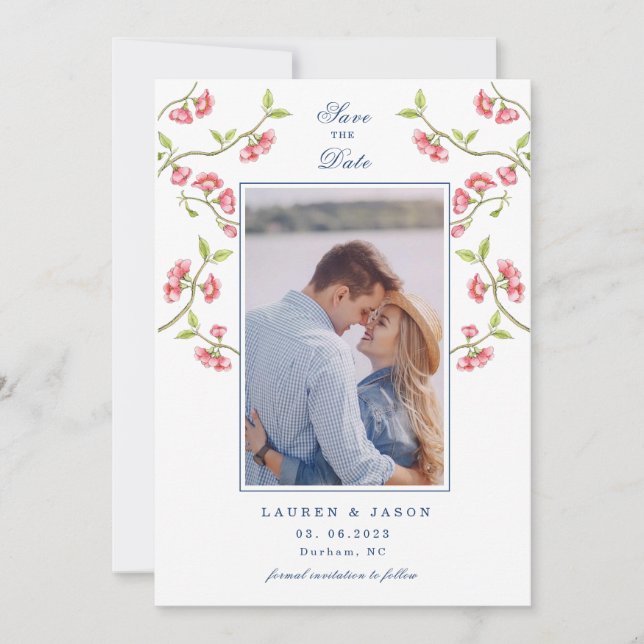 Invitation Fleurs de cerisier couples photo Save the Date  (Devant)