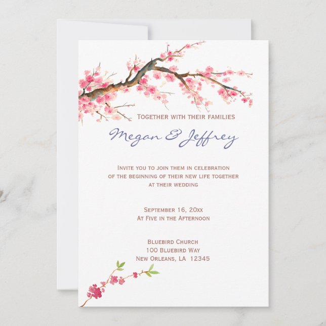 Invitation Fleurs de cerisier d'aquarelle en rose et crème (Devant)