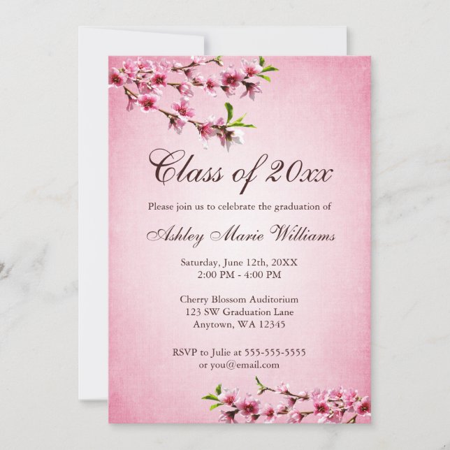Invitation Fleurs de cerisier Graduation rose Vintage (Devant)