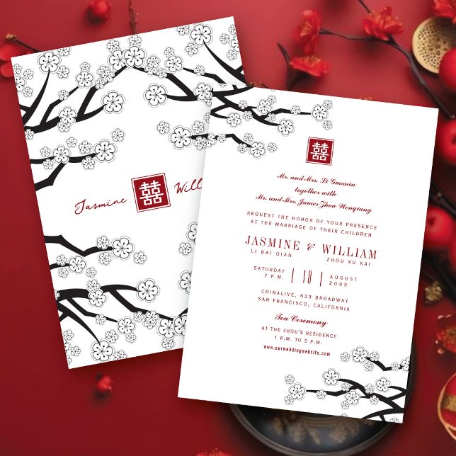 Invitation Fleurs de cerisier noir et blanc 囍 Mariage chinois (Black And White Sakura Cherry Blossoms 囍 Chinese Wedding Invitation @ fatfatin_red_knot)