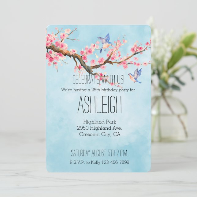 Invitation Fleurs de Cerisier Oiseaux Anniversaire (Debout devant)