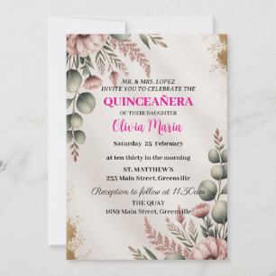 Invitation Fleurs de cerisier Papillon en or rose Quinceañera