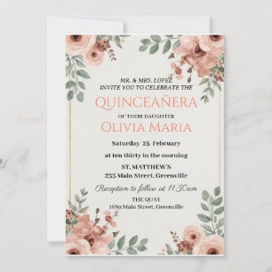 Invitation Fleurs de Cerisier Papillon Or Rose Quinceañera