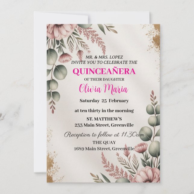 Invitation Fleurs de Cerisier Papillon Or Rosé Quinceañera (Devant)