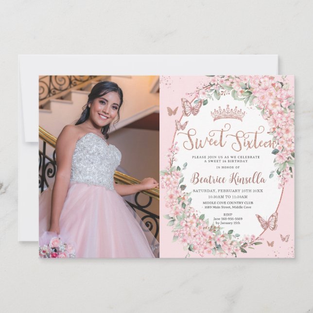 Invitation Fleurs de cerisier Papillons floraux Sweet sixteen (Devant)