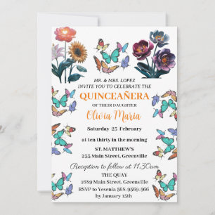 Invitation Fleurs de Cerisier Papillons Or Rose Quinceañera
