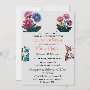 Invitation Fleurs de Cerisier Papillons Or Rose Quinceañera