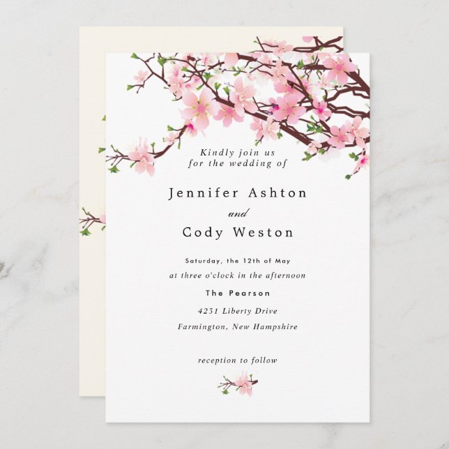 Invitation Fleurs de cerisier printemps Mariage rose pâle (Devant / Derrière)
