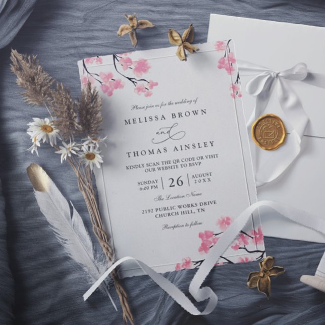 Invitation Fleurs de cerisier rose élégant chic code QR maria (Créateur téléchargé)