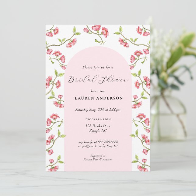 Invitation Fleurs de cerisier rose et blanc pour la douche de (Debout devant)