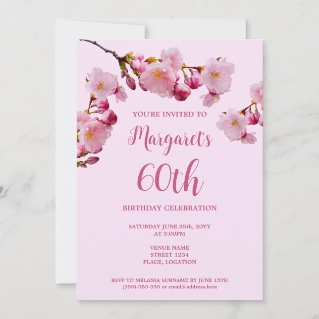 Invitation Fleurs de Cerisier Rose Fête d'anniversaire 60 ans (Devant)