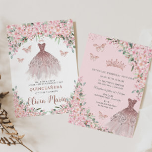 Invitation Fleurs de cerisier Rose Floral Robe Or Quinceañera