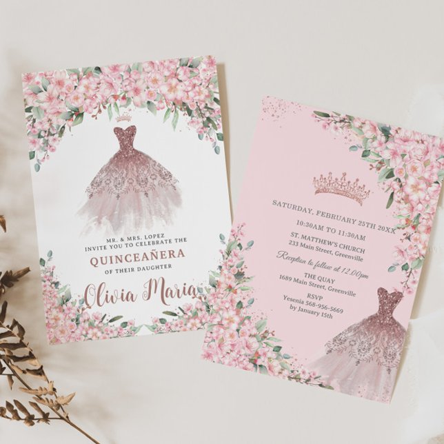Invitation Fleurs de cerisier Rose Floral Robe Or Quinceañera (Créateur téléchargé)