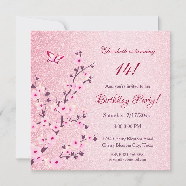 Invitation Fleurs de cerisier rose pailleté Anniversaire  (Devant)