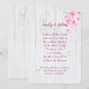 Invitation fleurs de cerisier rose sur mariage de bois