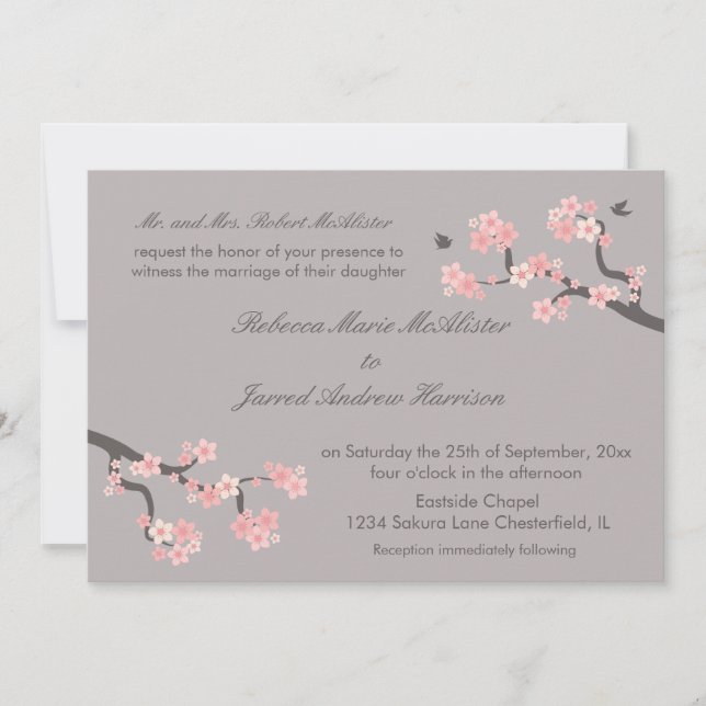 Invitation Fleurs de cerisier roses/invitation gris de (Devant)