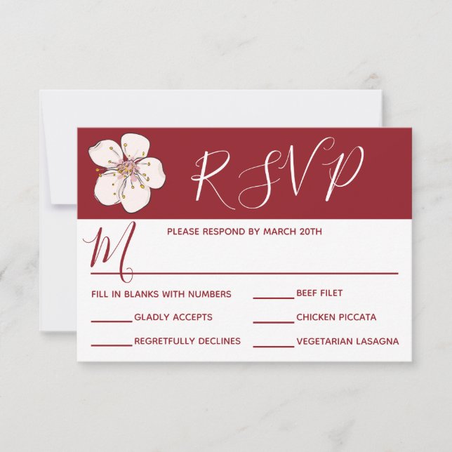 Invitation Fleurs de cerisier rouges - RSVP et choix de dîner (Devant)