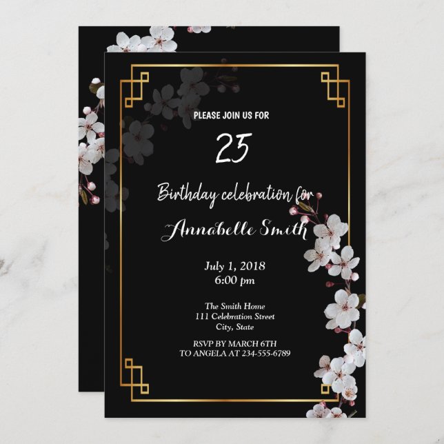 Invitation fleurs de cerisiers blancs et cadre doré Anniversa (Devant / Derrière)