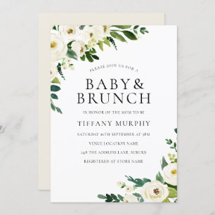 Invitation Fleurs de Champagne Blanc Baby shower élégant Brun