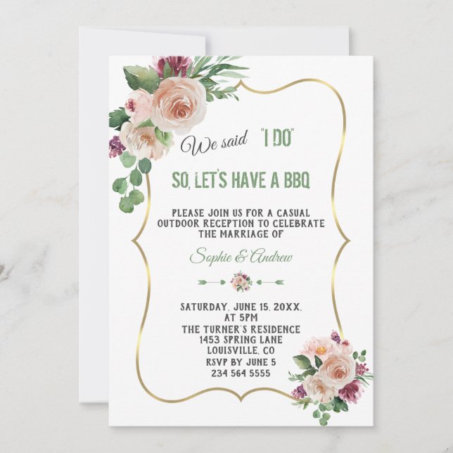Invitation Fleurs de Champagne rose Mariage d'or I DO BBQ (Devant)