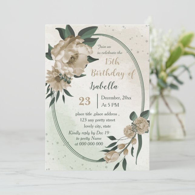 Invitation fleurs de champagne verdure anniversaire (Debout devant)