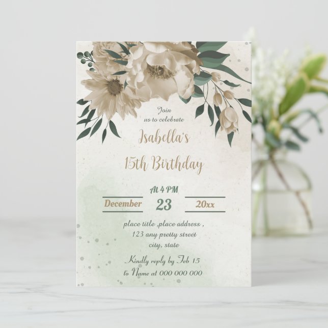 Invitation fleurs de champagne verdure anniversaire (Debout devant)