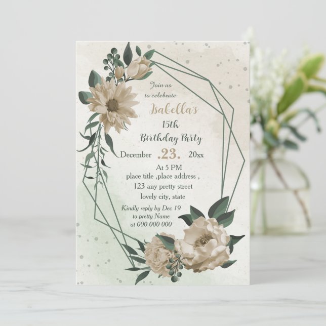 Invitation fleurs de champagne verdure anniversaire (Debout devant)