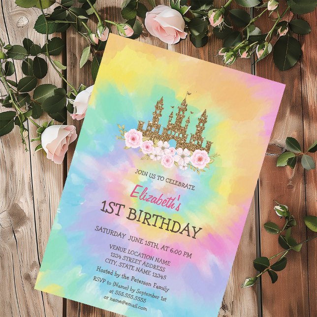 Invitation Fleurs de château de princesse Anniversaire Tie Dy (Créateur téléchargé)