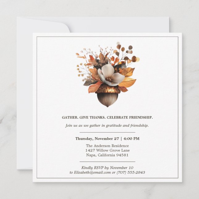 Invitation Fleurs de chêne rustiques | Dîner de Thanksgiving (Devant)