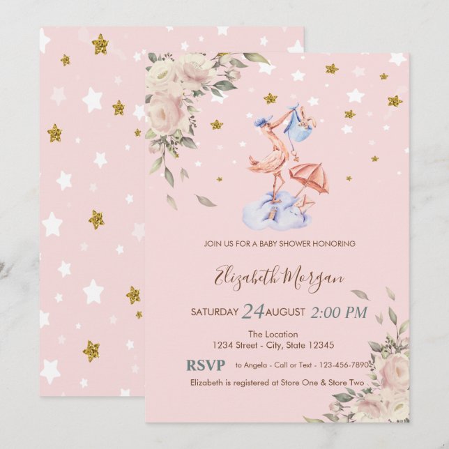 Invitation Fleurs de cigogne, étoiles pour Baby Shower  (Devant / Derrière)