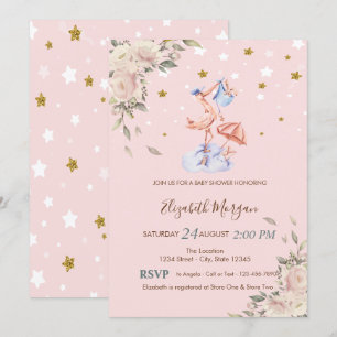 Invitation Fleurs de cigogne, étoiles pour Baby Shower