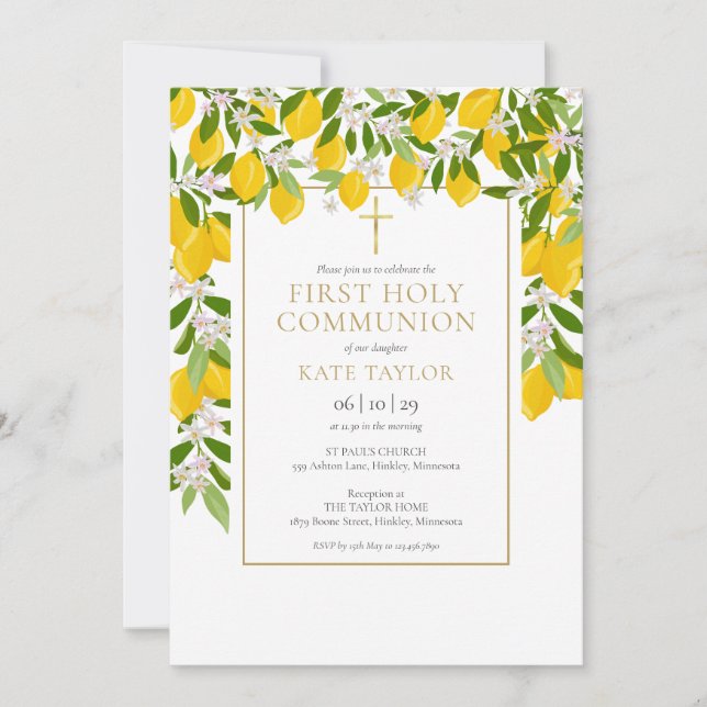 Invitation Fleurs de citron verdure Première communion solenn (Devant)