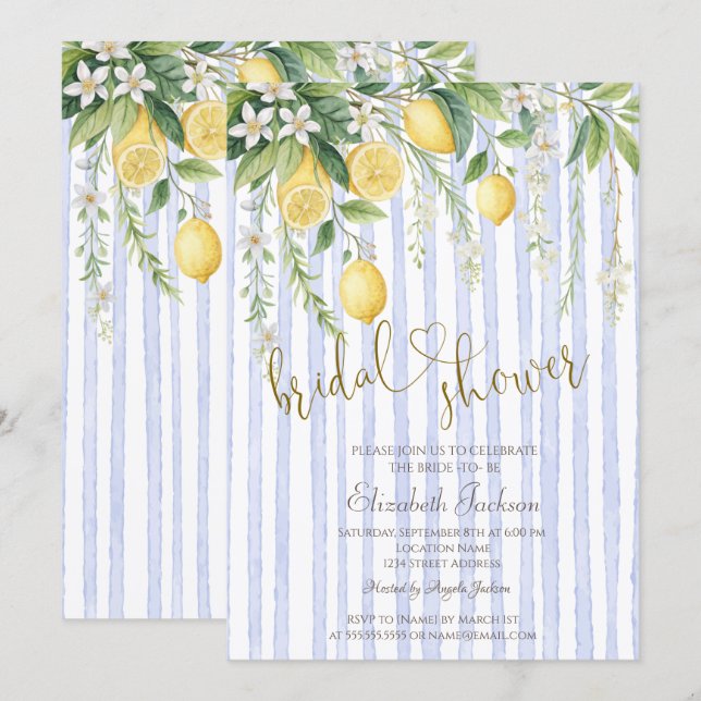 Invitation  Fleurs de Citronniers Rayures Bleues Baby Shower  (Devant / Derrière)