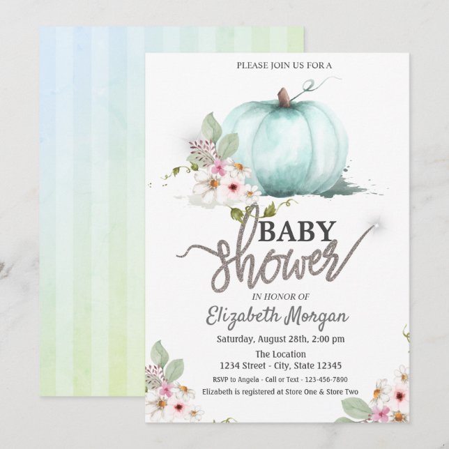 Invitation Fleurs de citrouille à l'aquarelle Baby Shower ray (Devant / Derrière)