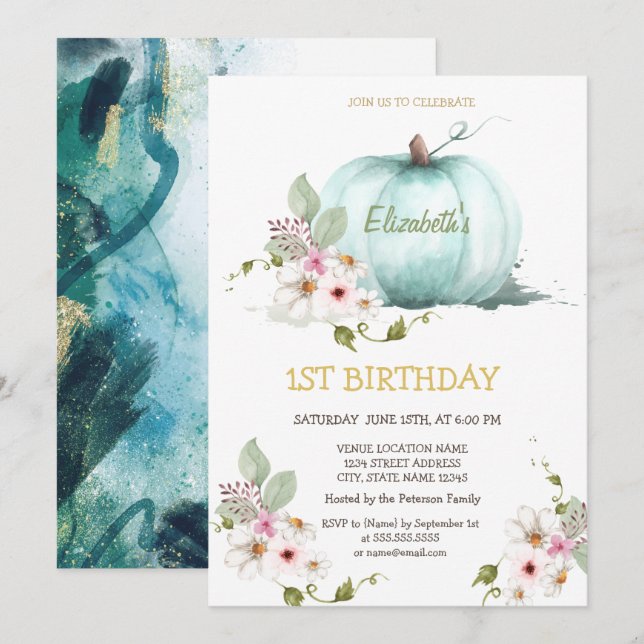 Invitation Fleurs de citrouille aquarelle Anniversaire  (Devant / Derrière)
