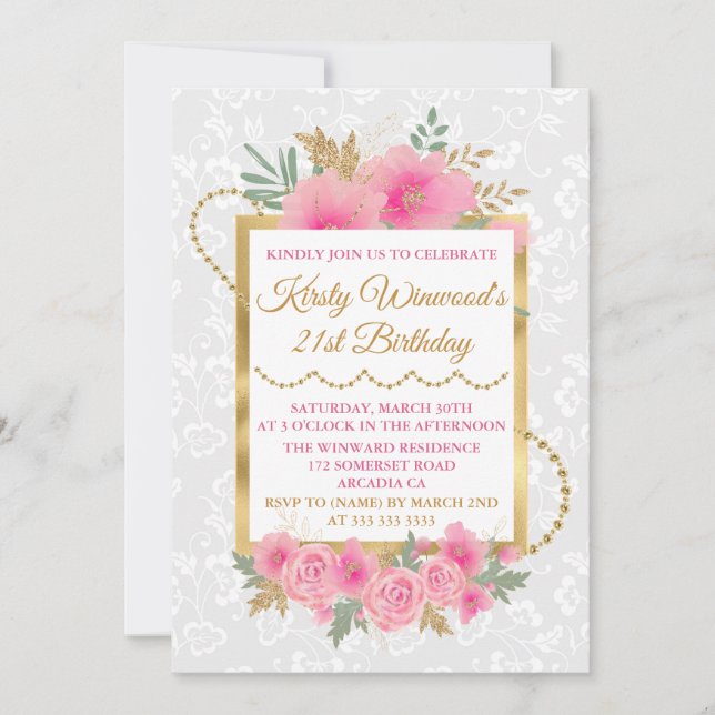 Invitation Fleurs de citrouille rose aquarelle feuille d'or a (Devant)