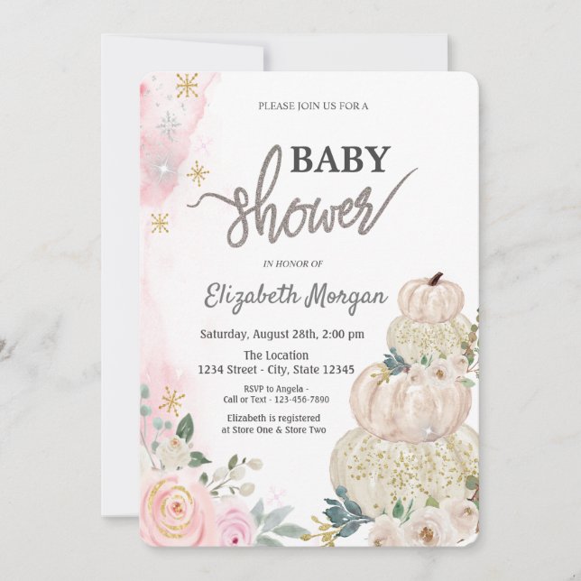 Invitation Fleurs de citrouilles blanches chic aquarelle Baby (Devant)