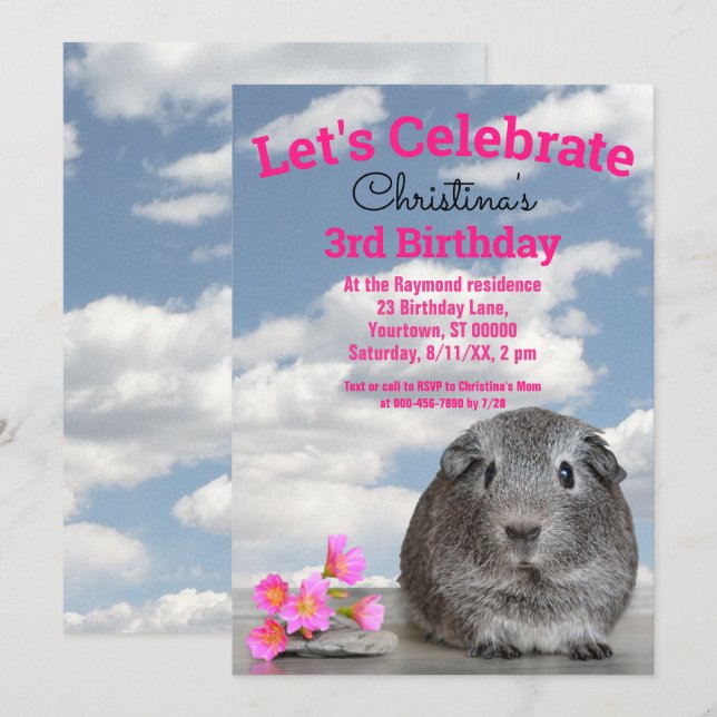 Invitation Fleurs de cobaye pour l'anniversaire des 3 ans des (Devant / Derrière)