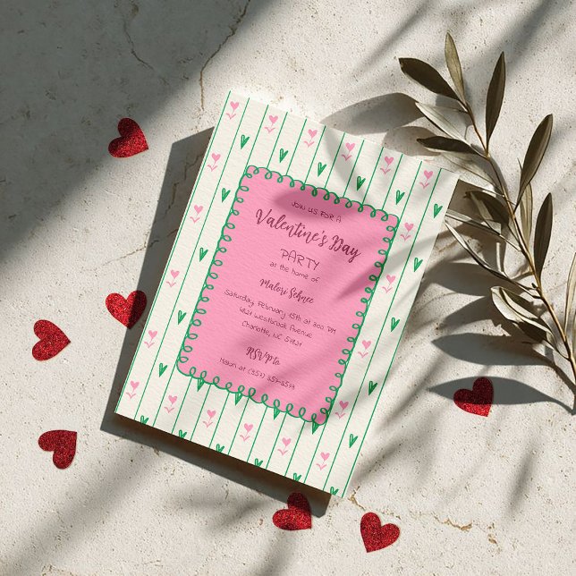 Invitation Fleurs de cœur roses et cœur vert - Saint-Valentin (Créateur téléchargé)