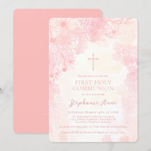 Invitation Fleurs de communion Aquarelles roses