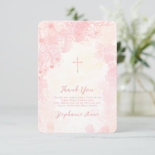 Invitation Fleurs de communion Merci d'aquarelles roses