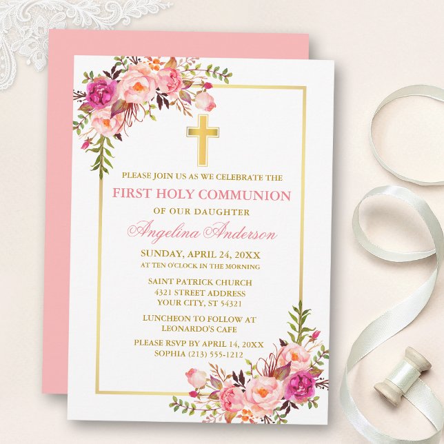 Invitation Fleurs de communion rose pâle aquarelle Or (Customize to change text color, size, style or to change color of back of card.)