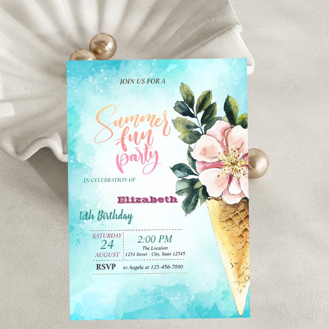 Invitation Fleurs de cône de glace Summer Party d'anniversair (Créateur téléchargé)