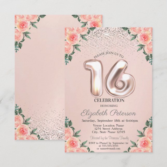 Invitation Fleurs de Confettis Élégantes et Tendances Sweet 1 (Devant / Derrière)