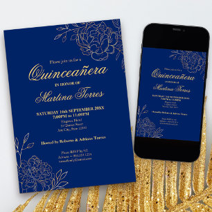 Invitation Fleurs de contour or bleu royal Quinceanera floral