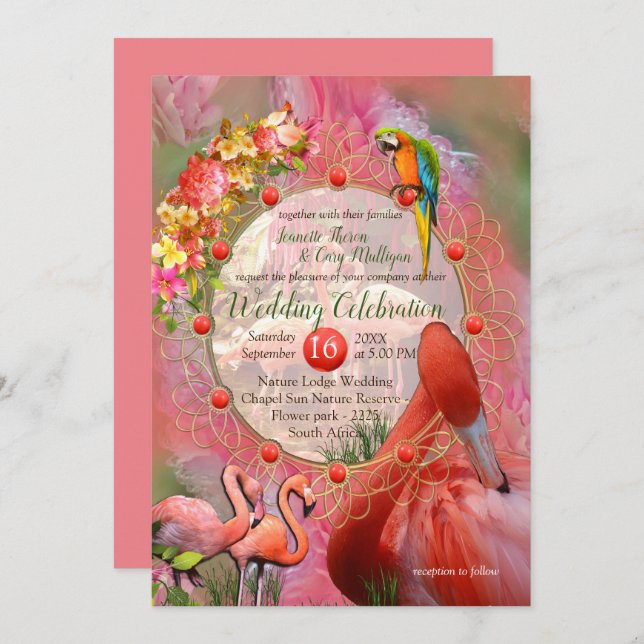 Invitation Fleurs de corail, d'herbe et de rose pivoine (Devant / Derrière)